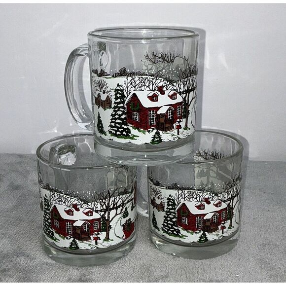 Christmas Village Snow Winter Scene Vtg Glass Mugs Set Of‎ 3 Made in USA Libbey - Picture 1 of 6